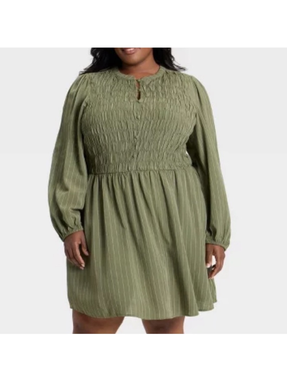 Ava & Viv Olive Green Smocked Waist Long-Sleeve Mini Dress - Picture 2 of 6